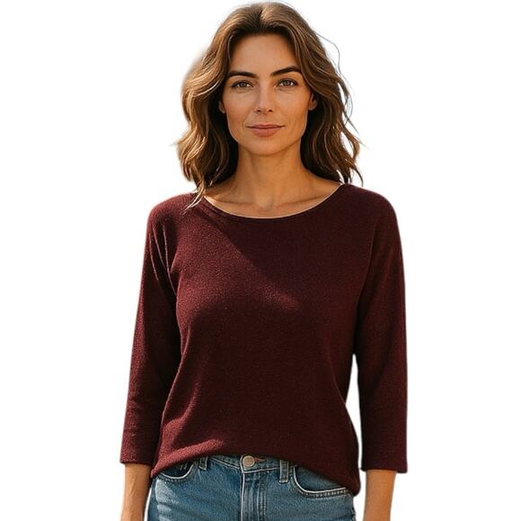 J.Jill Sparkle Knit Top Burgundy Round Neck‎ 3/4 Sleeve Size SP - Picture 1 of 11